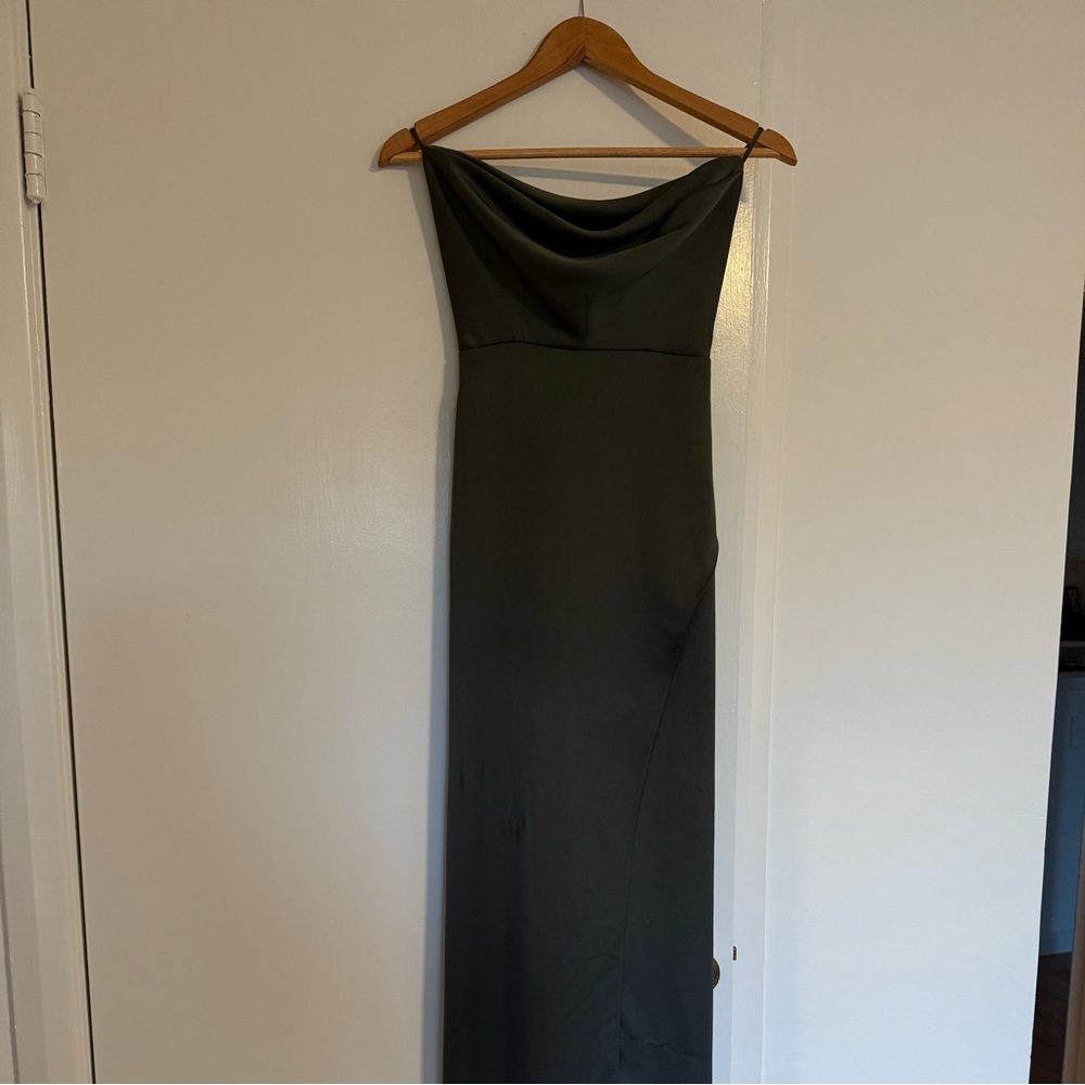 BHLDN Forest Green Remy Cowl Neck Faux Wrap Satin Gown